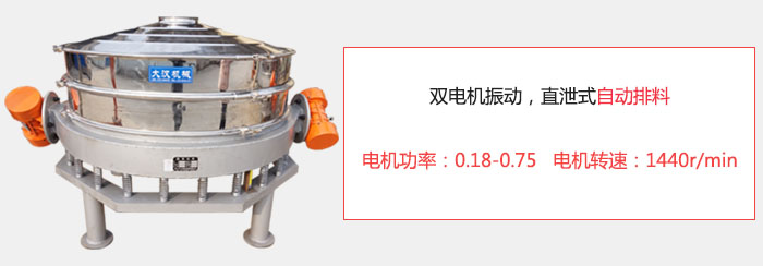 雙電機(jī)振動，直泄式自動排料電機(jī)功率：0.18-0.75   電機(jī)轉(zhuǎn)速：1440r/min。